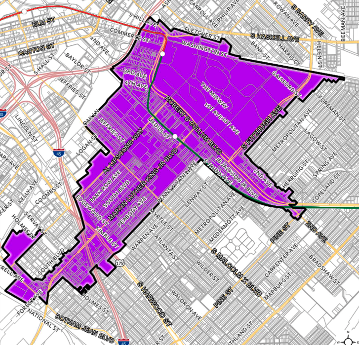 Map showing the Sunny South Dallas PID boundary area highlighted in purple